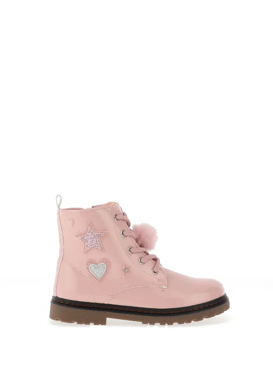 Xti Glitter Patch Lace Up Boots, Pink